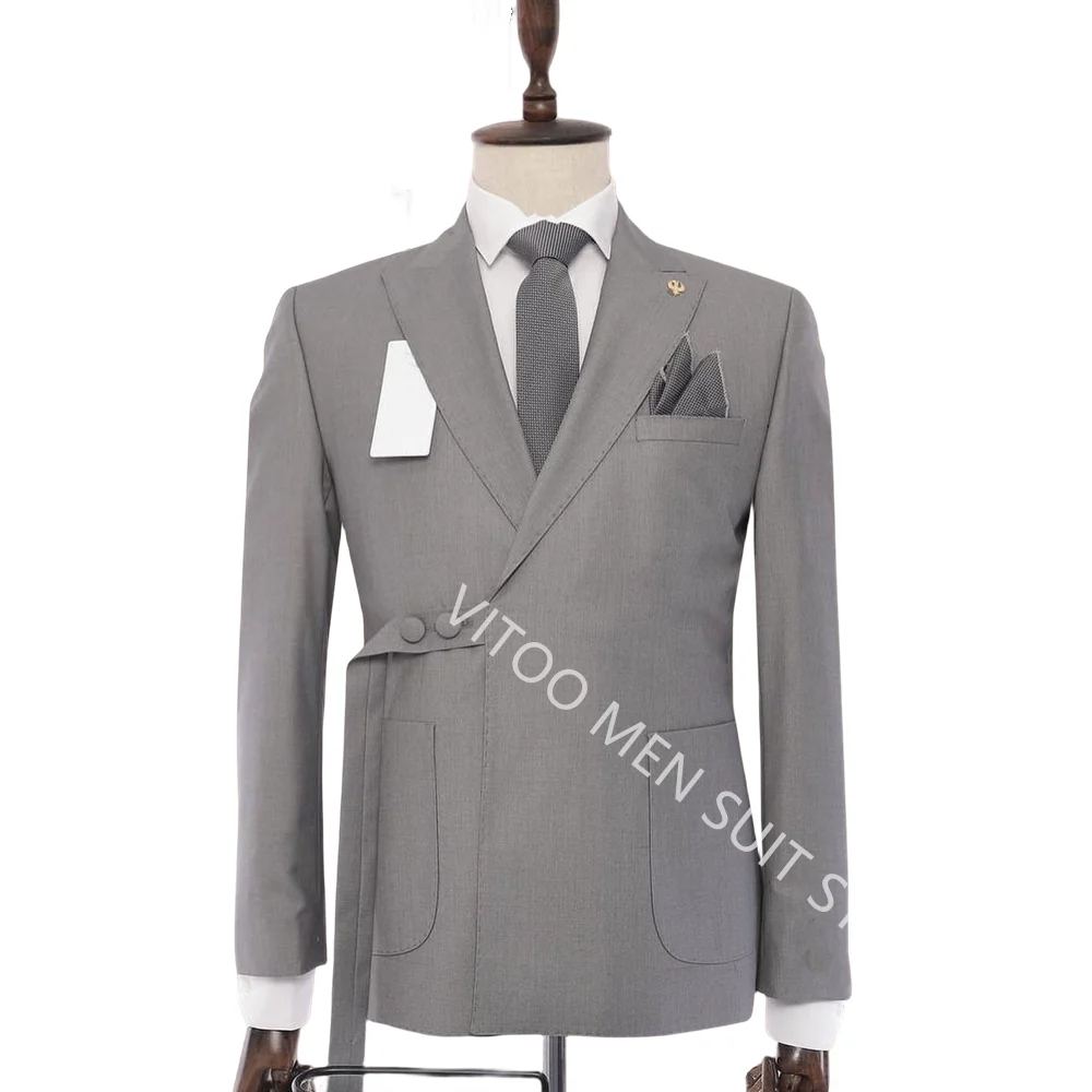 

Grey Mens 2 Piece Sets Blazer with Belt Patch Pockets Male Suits for Formal Business,Wedding Groom Dress Clothing,Daily Wear