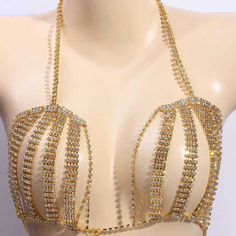 Luxury Body Jewelry Chain Harness Bikini Chest Necklace Rhinestone Crystal  Bra