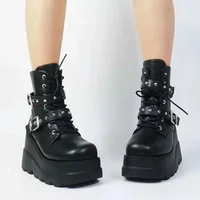 New Women Pu Leather Ankle Booties Woman Autumn Winter Round Toe Lace Up Shoes Woman Motorcycle Platform Gothic Boots Cosplay - Image 2