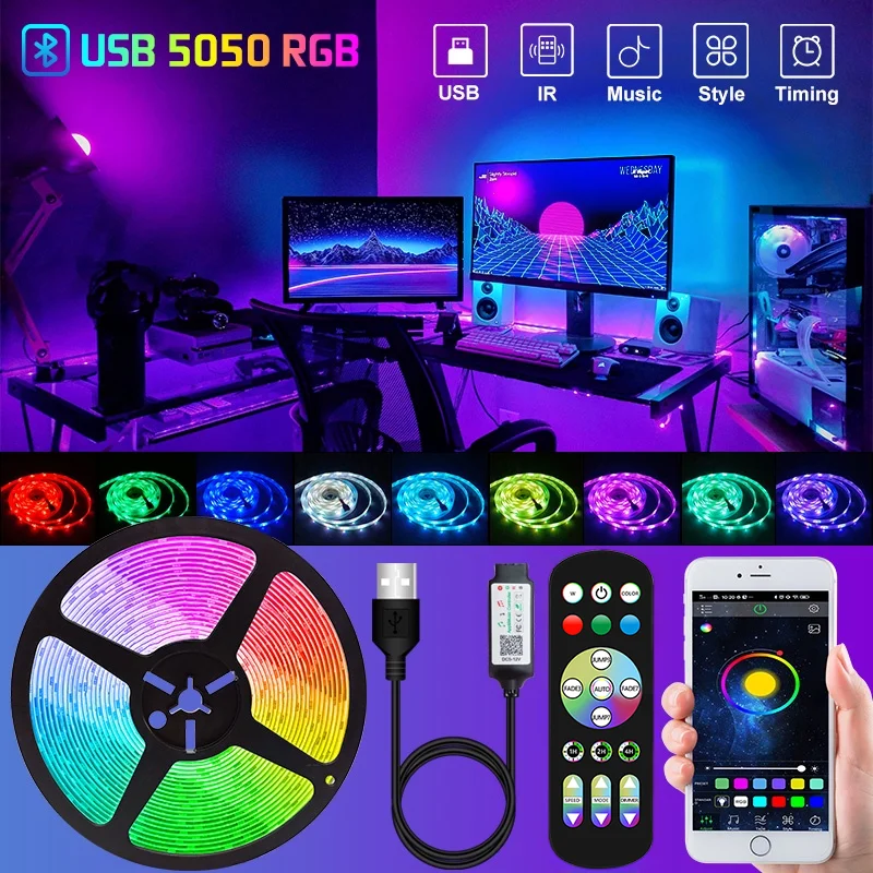 1M-30M USB LED Strip Light Bluetooth RGB 5050 5V RGB Lights Flexible LED Lamp Tape Ribbon TV Desktop Screen BackLight Diode Tape