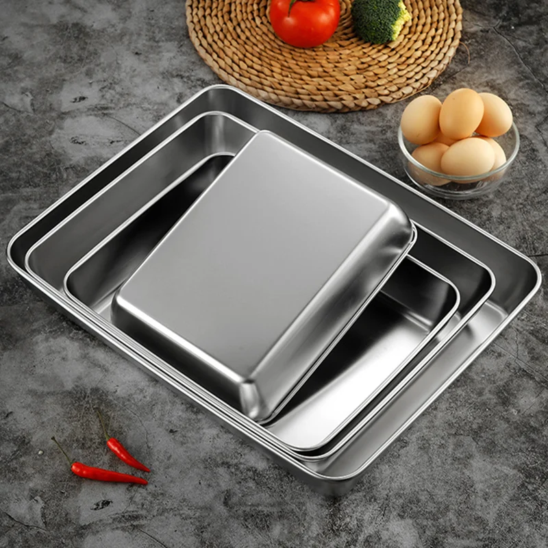 Thicken Stainless Steel Food Storage Tray Rectangular Deep Plates Fruits Bread Cakes Steamed Sausage Dishes Kitchen Cooking Tool 5