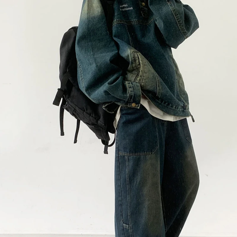 Hip Hop Street Denim Set Men Vintage Stand Collar Washed Denim Pullover+Harajuku Wide Leg Jeans 2-piece Japanese Couple Suit 5