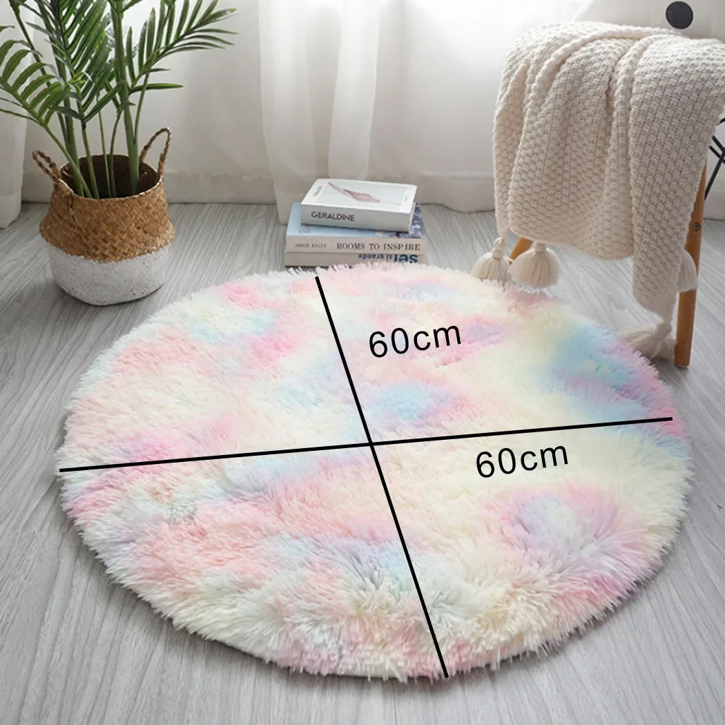 60CM Rainbow Round Fluffy Rugs Carpets Anti-Skid Shaggy Floor Mat For Living Room Home Decoration Bedroom Kid Room 3