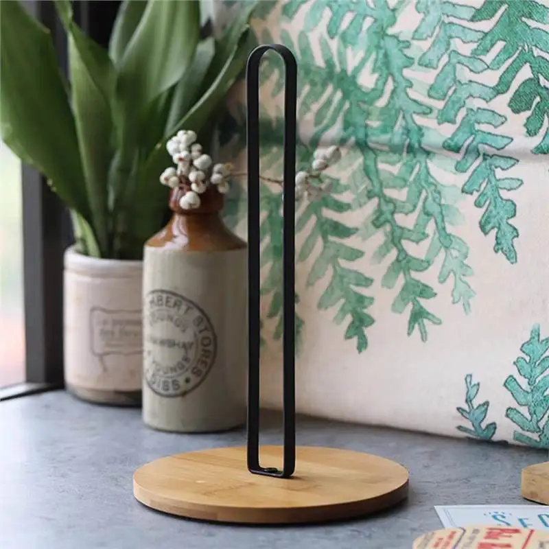 Wood Paper Towel Holder, Black Paper Towel Holder Countertop, Kitchen Towel Holder Free-Standing with Non-Slip Wooden Bas 3