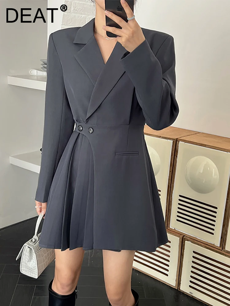 

DEAT Fashion Women Blazer Slim Natched Collar Double Breasted Full Sleeve Pleats Asymmetric Suit Jackets Summer 2024 New 17A8616