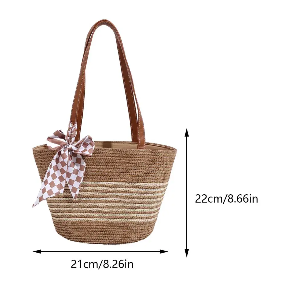Women Crochet Beach Handbag with Bow Weaving Striped Handbag Large Capacity Retro Straw Handbag Ladies Summer Daily Bag