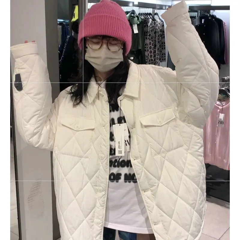 

2022 Winter New White Lapel Rhombic Shirt Cotton Clothing Women Clothing Warm Trend Cotton Clothing Boutique Clothing