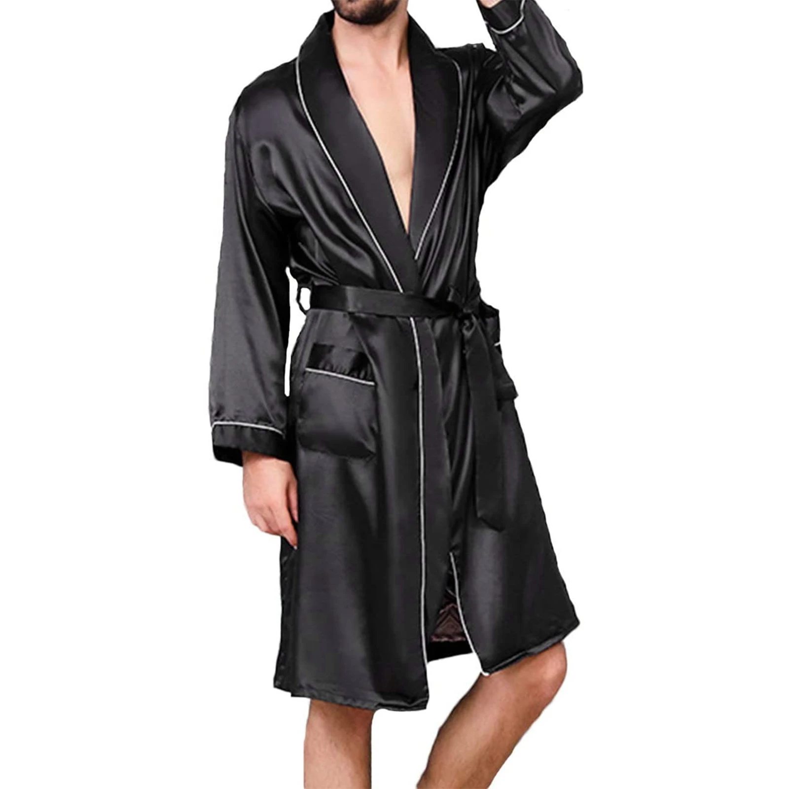 Men Satin Bathrobe with Belt Adults Contrast Color Long Sleeve V-neck Night Robe with Pockets S/M/L/XL satin couple robes