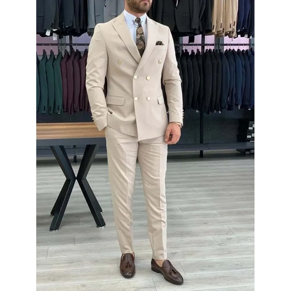 

Double Breasted Slim Fit 2 Piece Men's Suits Peak Lapel Regular Length Flat Blazer Luxury HIgh Quality Outfits Wedding Clothing