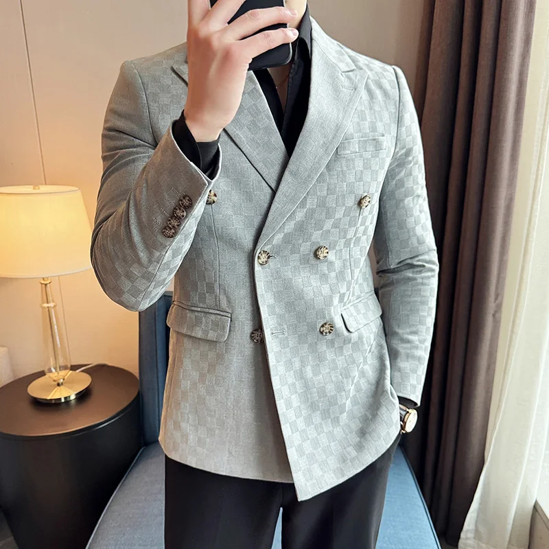 Men Blazers Coats Double Breasted Checkered Slim Fit Business Suit Jacket 5XL-M 6 Color men suits jackets