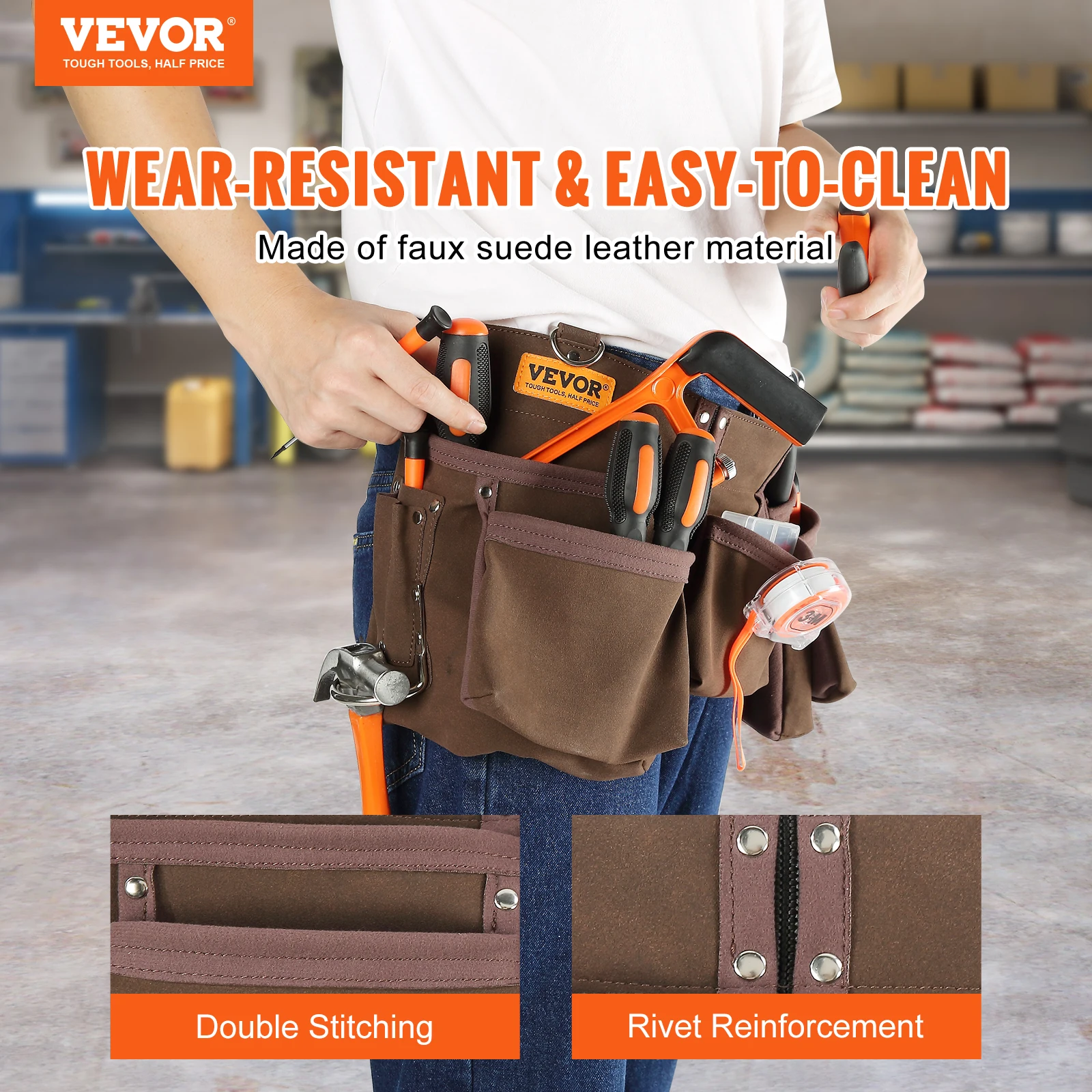 VEVOR 13 Pockets Tool Belt Waist Pouch with Dual Hammer Loops Tool Storge Bag for Wrenchs Screw Electrician Carpenter Repair 2