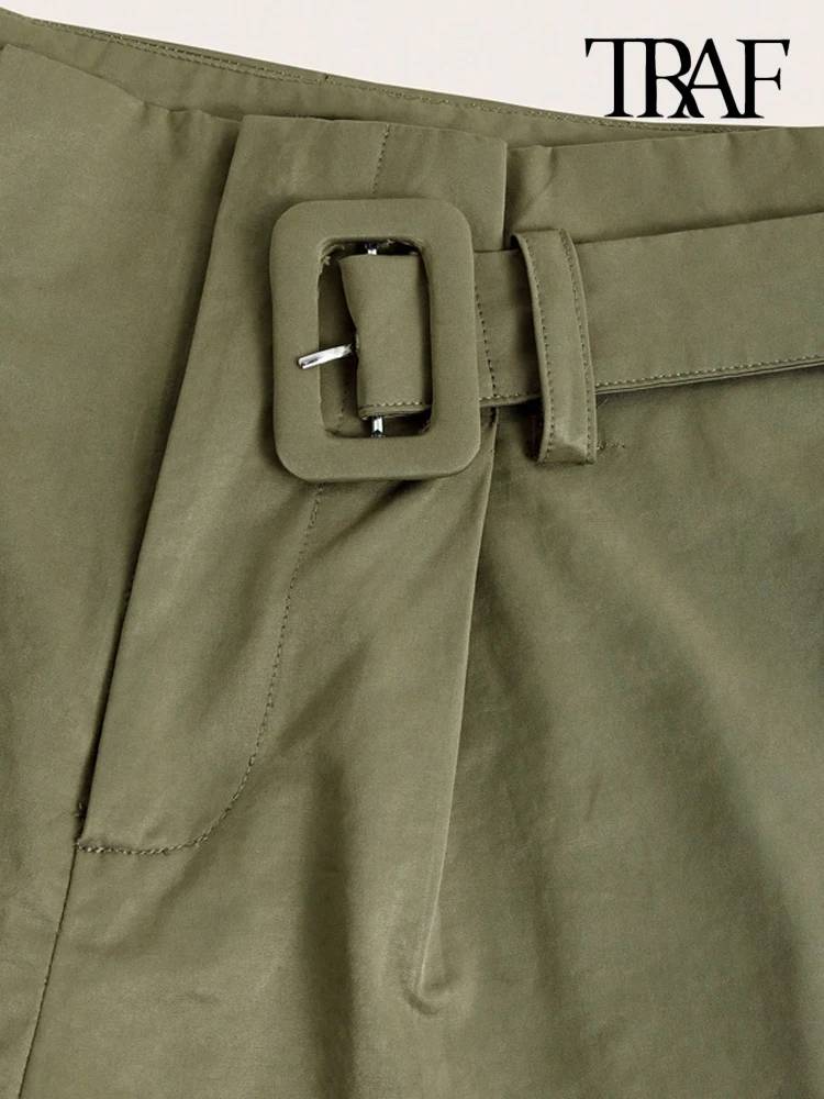 TRAF-High Waisted Cargo Pants for Women, Patch Pockets, With Belt, Female Trousers, Fashion