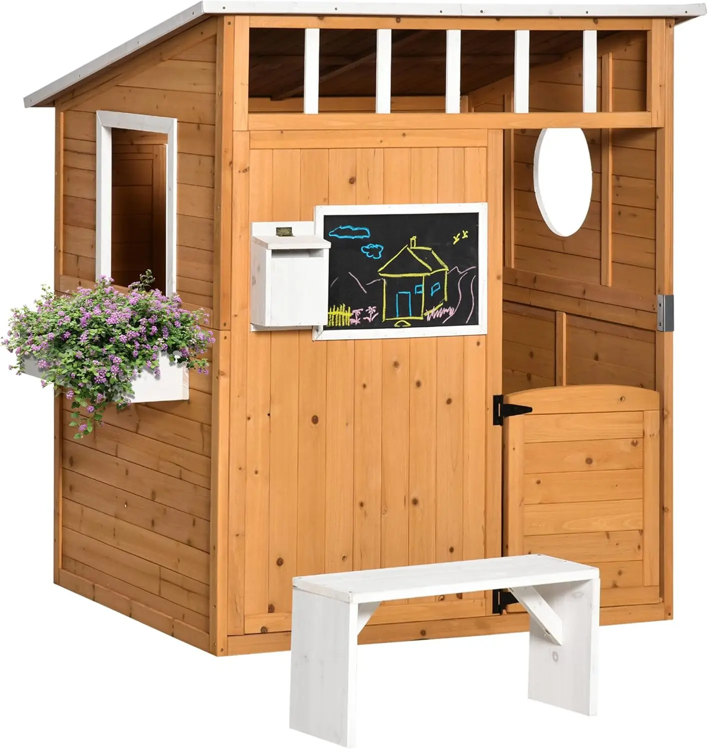 Wooden Playhouse for Kids Outdoor with Working Door Windows Mailbox Bench Flowers Pot Holder 48"x42.5"x53"
