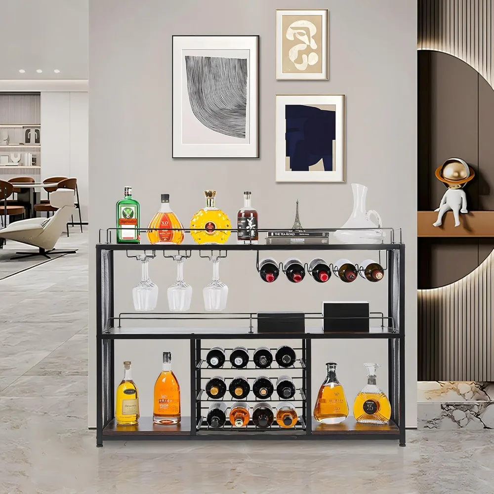 Wine Bar Cart Home Bar Serving Cart 3 Tier Drink with 17 Wine Bottle Racks Liquor Beverage for Kitchen Dining Room