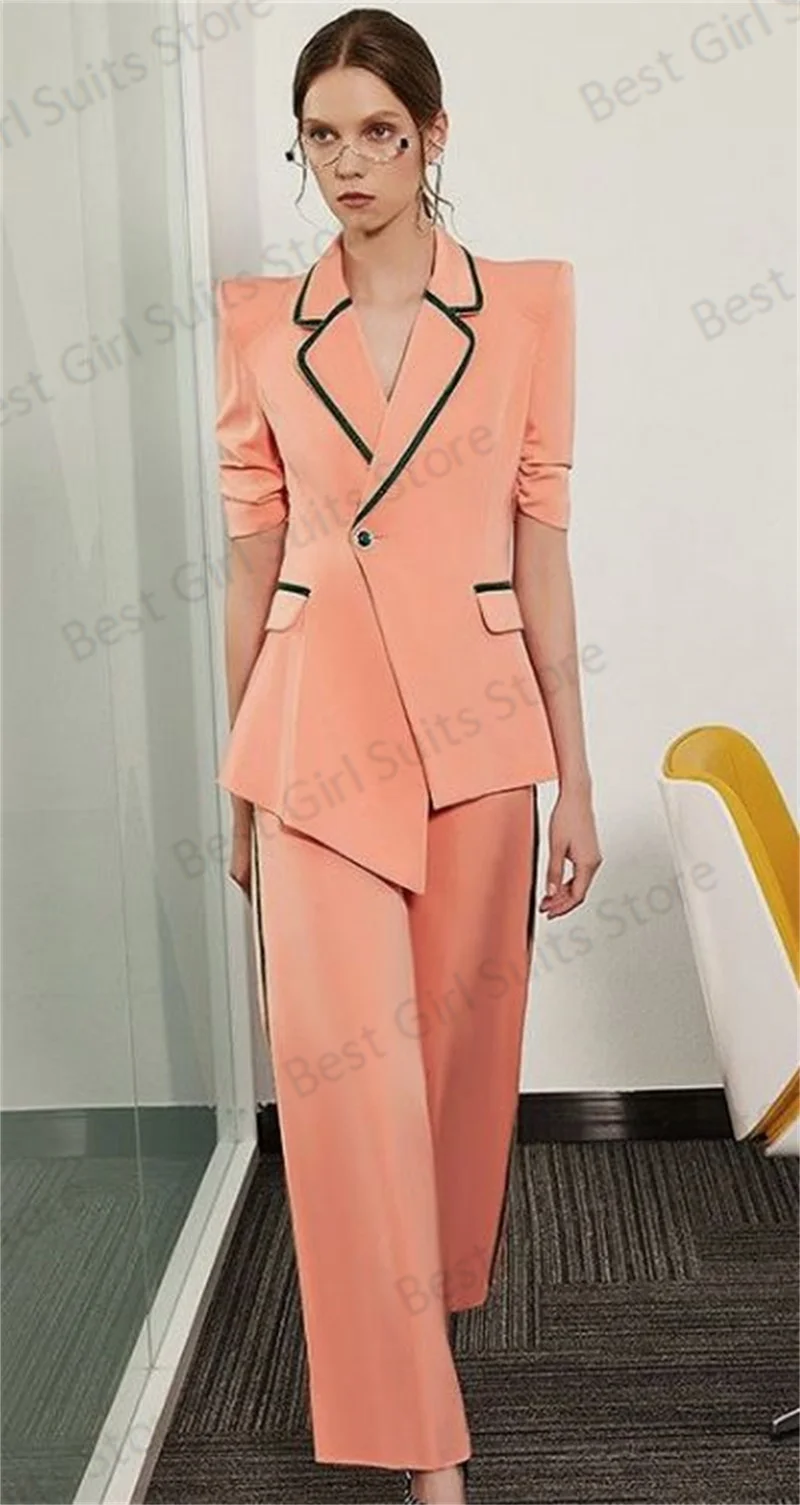 

Designer Splicing Colors Women Pants Suit Set Irregular Hem Blazer+Trousers 2 Pieces Jacket Formal Prom Wedding Gown Custom Made