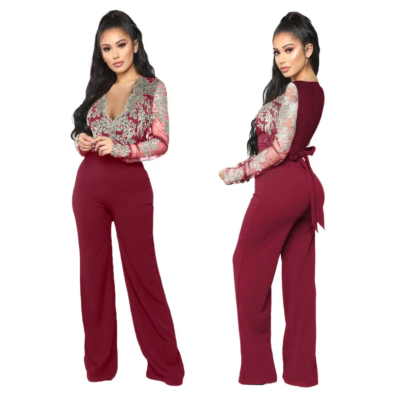 Women Sexy Off Shoulder Slash Neck Long Sleeve Women Jumpsuit Elegant Wide Leg Jumpsuit 3XL Appliques Lace Patchwork Jumpsuit
