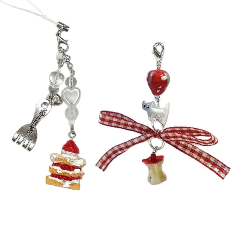 

Y4QE Cake Spoon Charm Phone Strap Y2K Phone Charm Keychain Crystal Bead Keychain Women Dessert Pendant Keyring Ornament