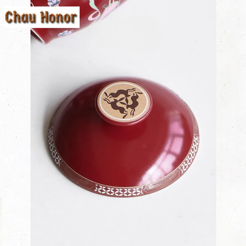 110ml Bearish Red Dunhuang Apsaras Gaiwan Elegant Tea Tureen Tea Bowl with Lid Kit Tea Brewing Cover Bowl Tea Ceremony Craft