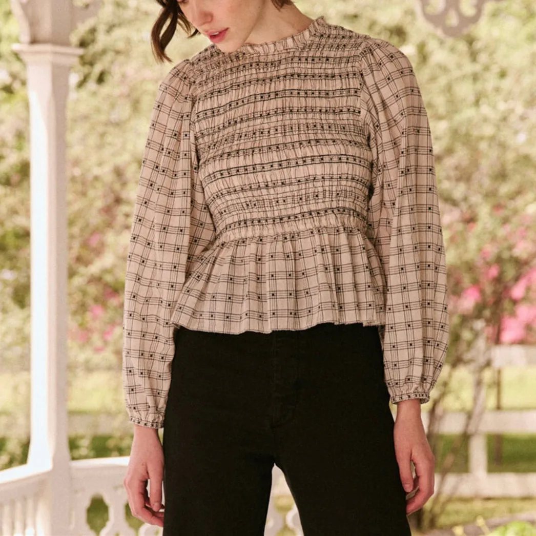 

Women Plaid Blouse Pleated Waist Lantern Long Sleeve Casual Shirt