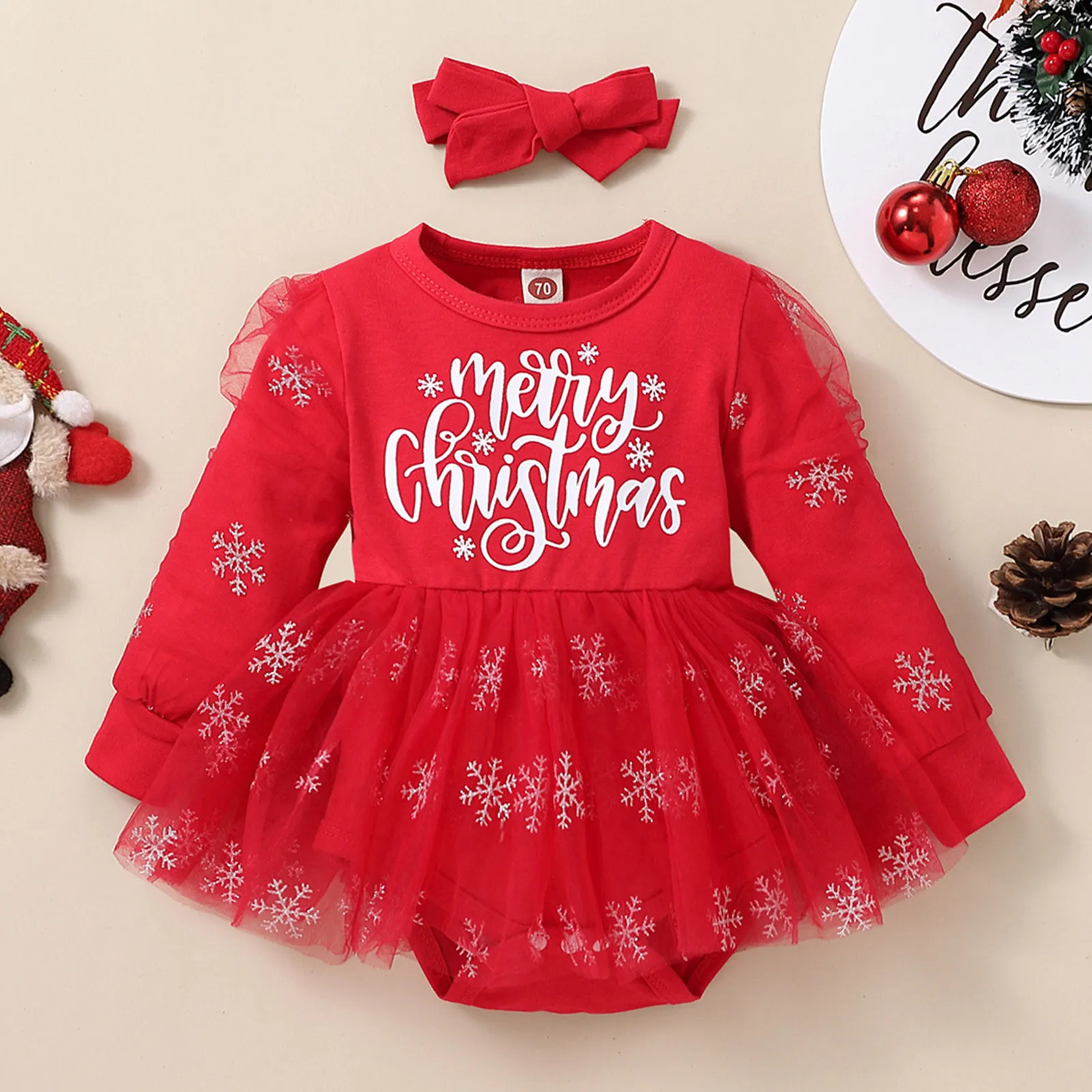 

Christmas Princess Romper Infant Girls Long Sleeve Letter Prints Romper Newborn Snowflake Tulle Bodysuits Dress Headband Outfits