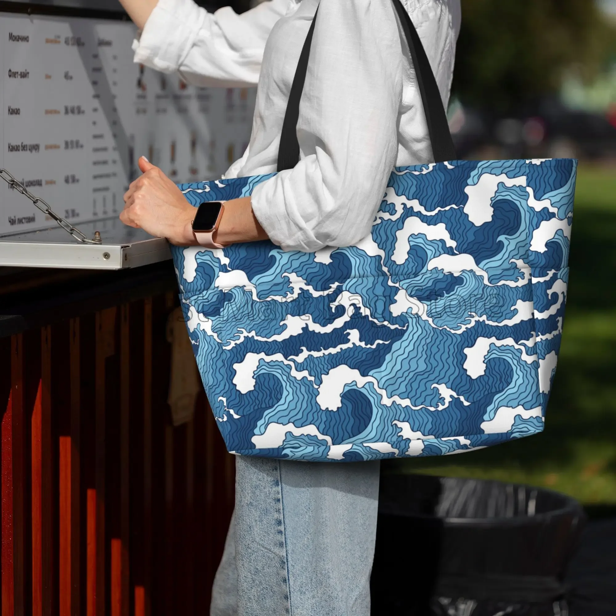 Sea Wave Beach Tote Bags for Women Waterproof Sandproof Large Pool Bag Stylish Zipper Beach Tote for Gym Travel Shopping School