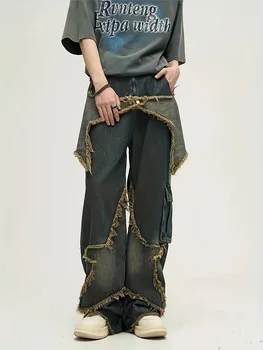 Five-Pointed Star Design Jeans for Men, Spring, Autumn and Summer Styles, American Style Large Pocket Frayed Casual Pants