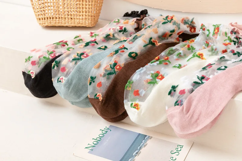Floral Embroidery Crystal Silk Socks Summer Ultra-thin Transparent Vintage Lace Socks Women Sweet Girls Kawaii Cute Ruffle Socks