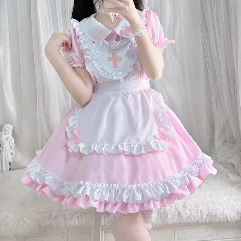 Gothic Lolita Cosplay Maid Costume Anime Cream Sweet Heart Lolita Dress Maids Wear Uniform Short-sleeved Nurse Costumes