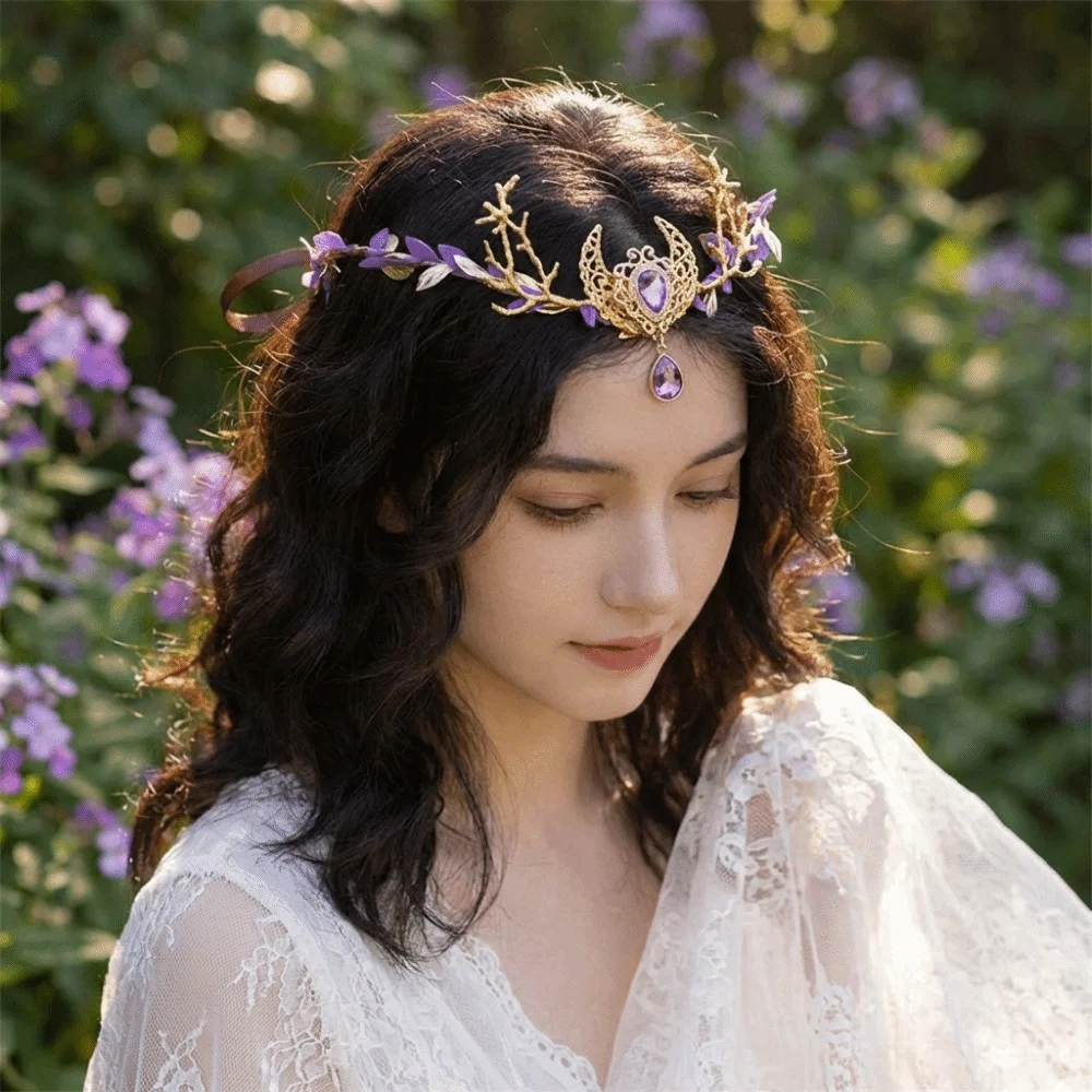 요정 덩굴나무 엘프 왕관 화려한 엘프 티아라 시뮬레이션 나무잎 모조 다이아몬드 장식 요정 머리 장식 고딕 스타일