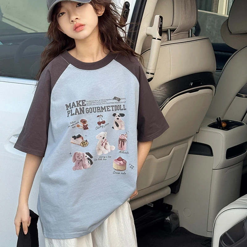 큰 아이들을 위한 여아 반팔 티셔츠, 라글란 슬리브, 순면, 루즈핏, 다용도 여름 상의