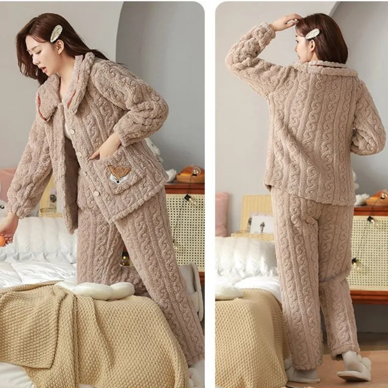 2024 Coral Velvet Pajamas Women Winter Thicken Sleepwear Jacquard Plush Warm Loungewear Girls Household Clothing Suit Outer Wear