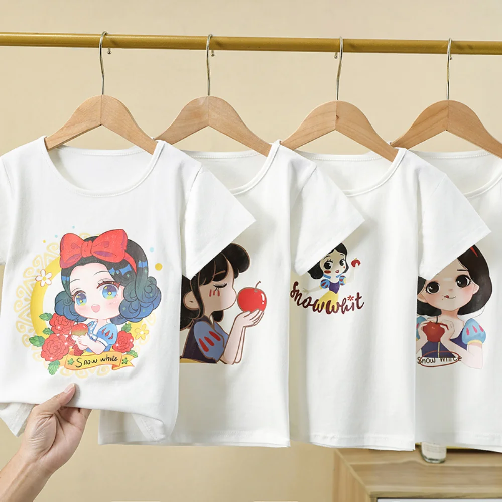 

Children's Girls Short Sleeve White T-shirt 2023 Summer Casual Cute Cotton Disney Princess Print Top Tees for Kids 2-11 Years