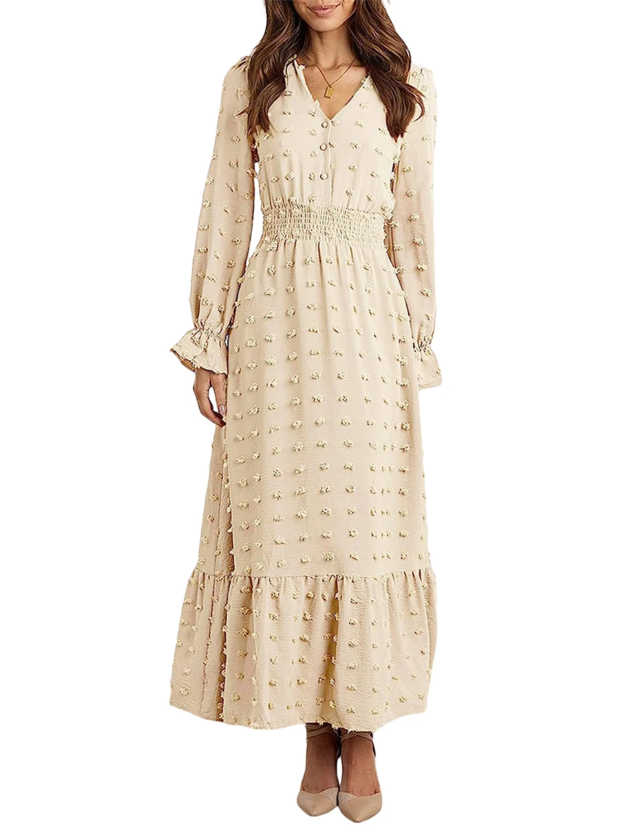 

Women s Summer Boho Maxi Dress Long Sleeve V Neck Flare Cuff Swiss Dot A Line Dress Ruffle Tiered Long Dresses