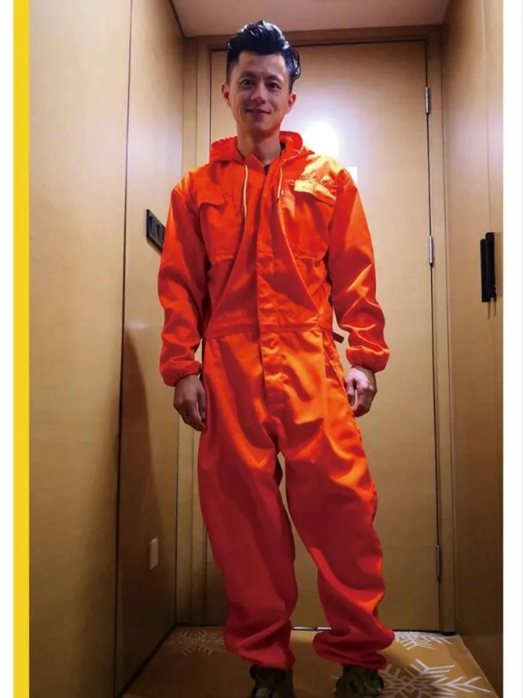 Plus Size New Streetwear Men Clothing Handsome Tooling Male Jumpsuit Overalls Men Fashion Orange Hooded Coverall Trousers