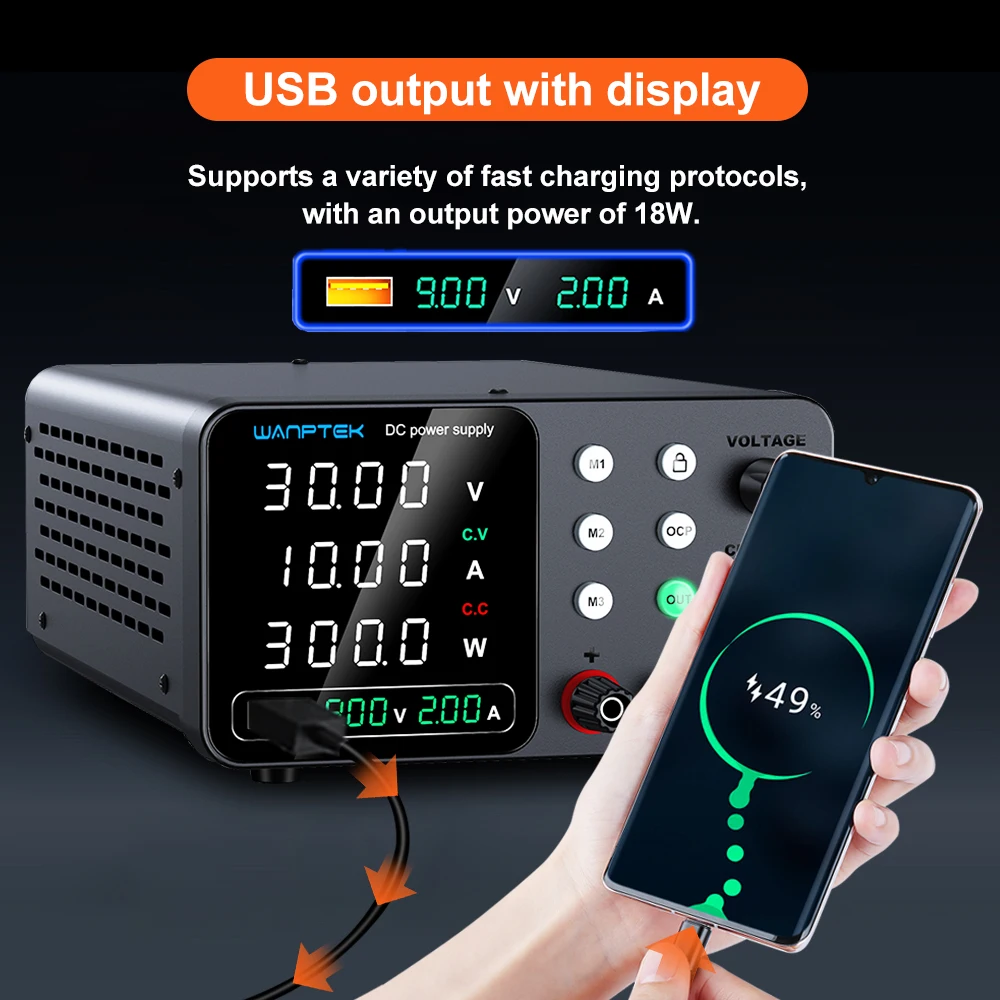 WANPTEK 랩 전원 공급 장치 30V 10A 5A 랩 전원 공급 장치 (3개 메모리 및 잠금 키 포함), 조정 가능한 전원 공급 장치, 프리셋 전류
