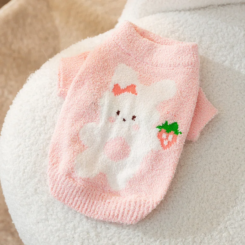 

Strawberry Rabbit Fur Coat Winter Warm Dog Clothes Cute Jacquard Quick Warm Knit Shirt Small Dog Teddy Two Legs Clothing