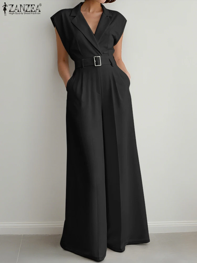 ZANZEA Women Summer Work OL Jumpsuits Fashion Overalls Pant Elegant Lapel Neck Sleeveless Rompers Solid Loose Wide Leg Trousers 1