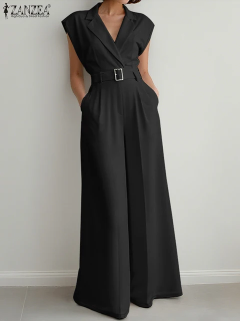 ZANZEA Women Summer Work OL Jumpsuits Fashion Overalls Pant Elegant Lapel Neck Sleeveless Rompers Solid Loose Wide Leg Trousers 1