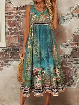 Women's Boho Floral Sleeveless Dress Vintage Turquoise Print Crew Neck High Waist A Line Midi Sundress 1