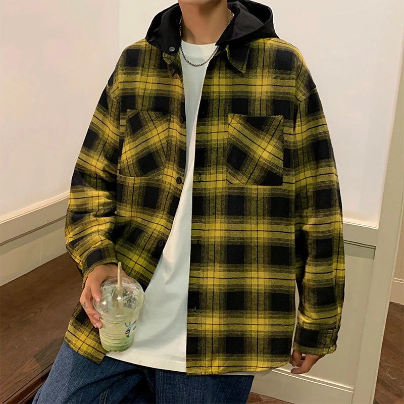 

TFETTERS Brand 2023 Autumn New Hooded Mens Shirts Korean Casual Baggy Plaid Shirts for Man Long Sleeve Single Breasted Clothing