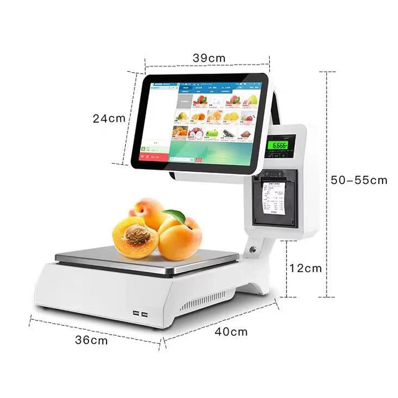 Digital Commercial Scale Dual touch screen 15kg electronic weighting pos scale with built-in thermal printer for fruit shops