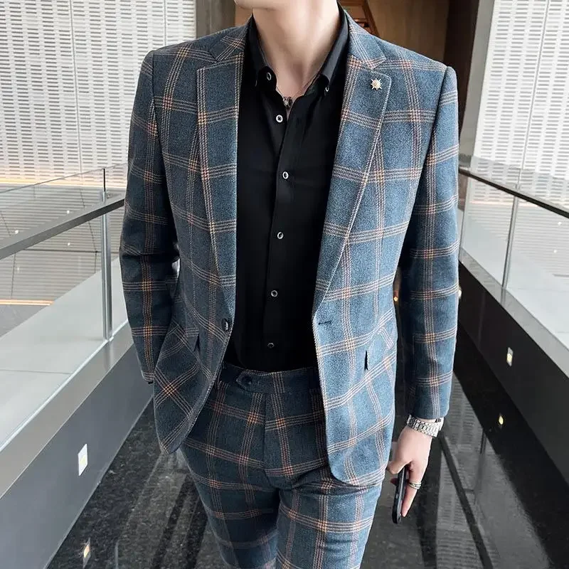 Terno Masculinos 컴플리트 블레이저 및 바지, 비즈니스 캐주얼 격자 무늬 포트 스타일, 슬림 신사 웨딩 작업 블레이저 세트, 패션