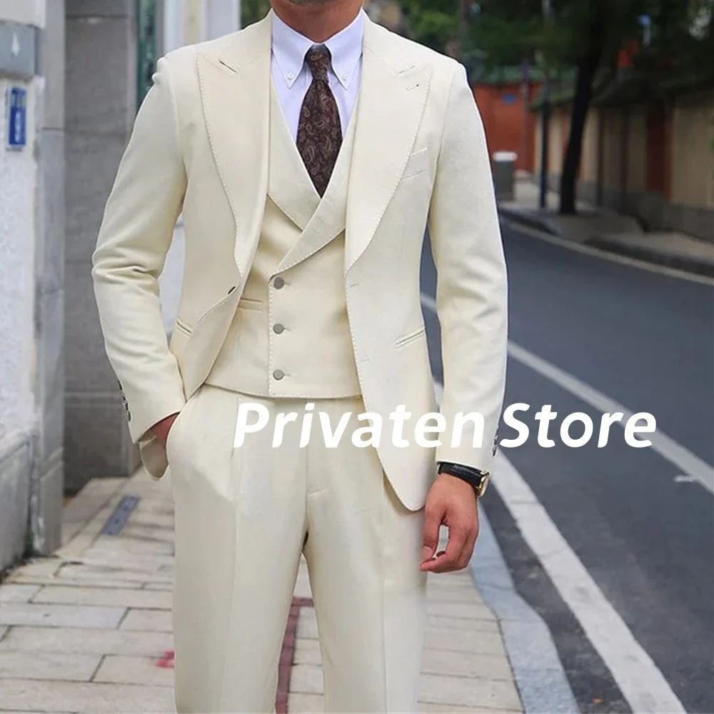 

Men Suit Slim Fit Peak Lapel 3 Pieces Lvory White Tailored Made Jacket Pants and Vest Solid Male Set costume homme pour mariage