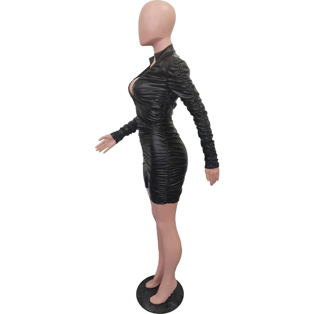 Sexy Deep V Neck Leather Women's Rompers Solid Folds High Strecth PU Playsuits Female Nightclub Party Skinny One Piece Shorts
