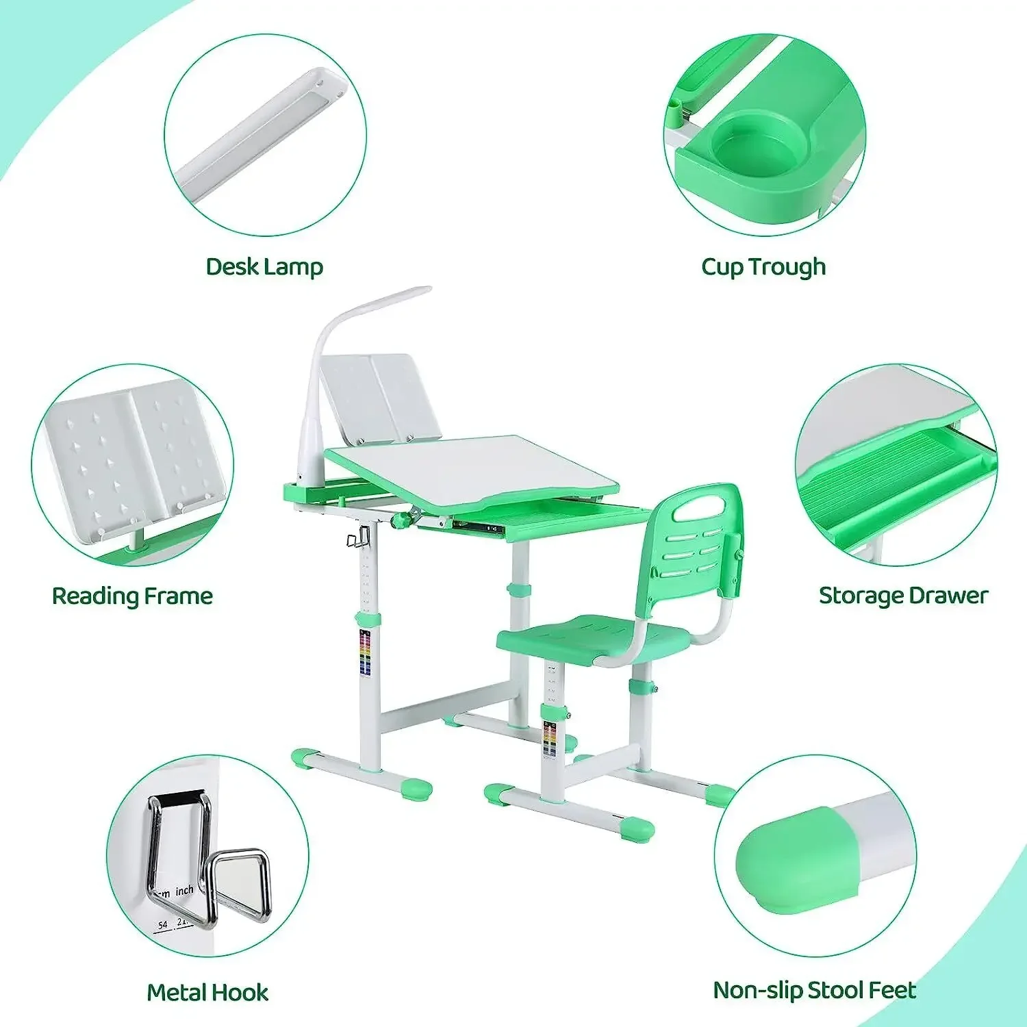 Student Children's Desk, Ergonomic Table and Thair Set, with Drawer, Reading Stand, Anddimmable LED Lamp, Height-Adjustable 6
