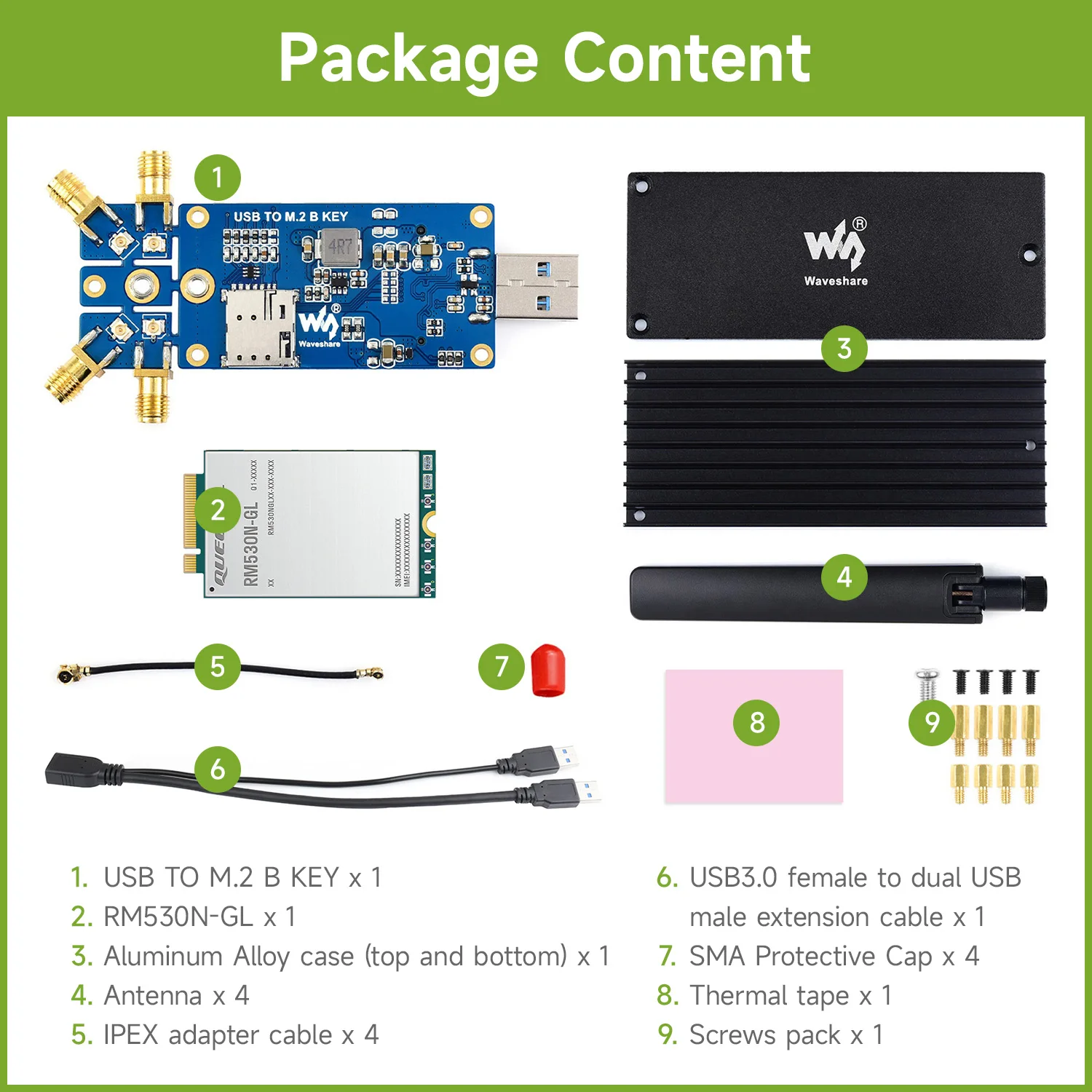 

Waveshare M.2 Key B Interface, 5G DONGLE Module Quad Antennas, USB3.1 port, Aluminum Alloy Heatsink, Supports SIMCom/Quectel