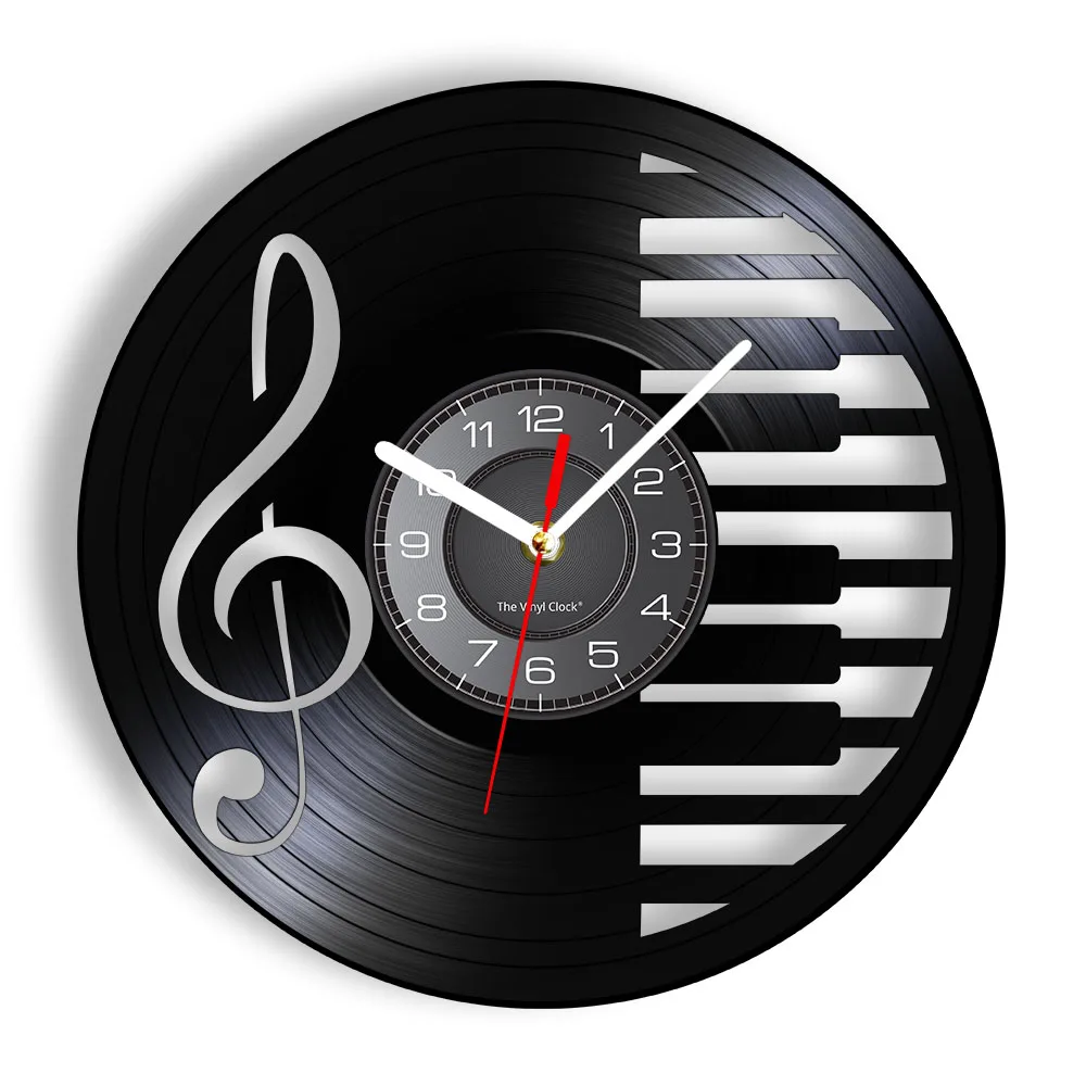 

Music Notes Piano Keyboard Vinyl Record Wall Clock Modern Design Watch Treble Clef Symbol Decor Retro Music Album Longplay Clock