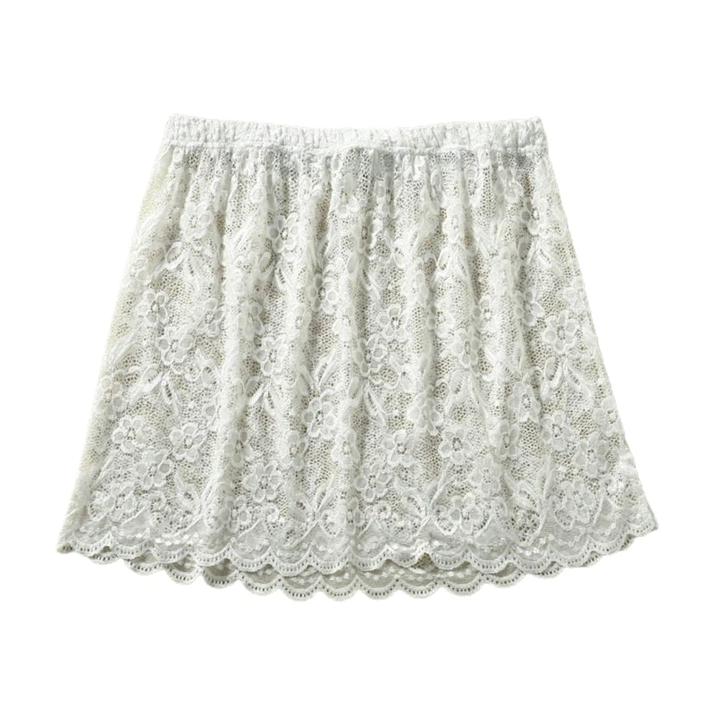 Women Floral Lace Layering Faux Top Sweep Mini Skirt Pleated A-Line Flare Fake Hem Shirt Extender Half-Length Underskirt