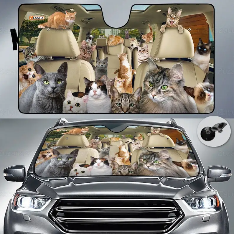 

Cat Family Car Sun Shade, Animal Auto Sunshade, Cats Lover Gift, Auto Sunshade Decoration,Car Sun Protector, Windshield sunshade