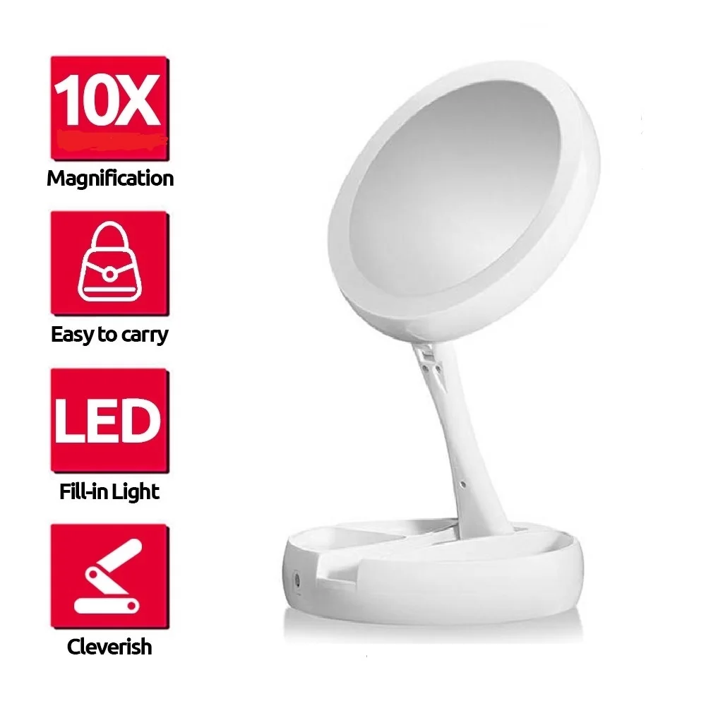 Foldable Makeup Mirror With Led Light Usb 10x Magnification Table